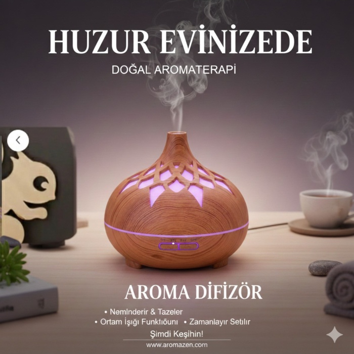 Aroma Difüzör Gece Işığı 7 Led DESENLİ Nemlendirici Kumandalı Buhar Makinesi 550 ml