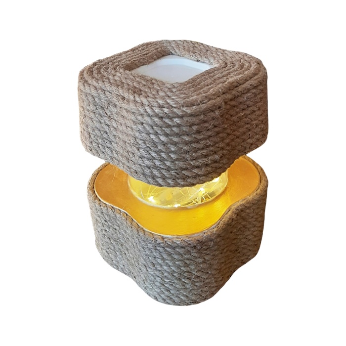 Biomak® Masa Lambası - Bahçe Lambası Halat Jüt İp Dekorlu Pilli Ledli Beton Aydınlatma