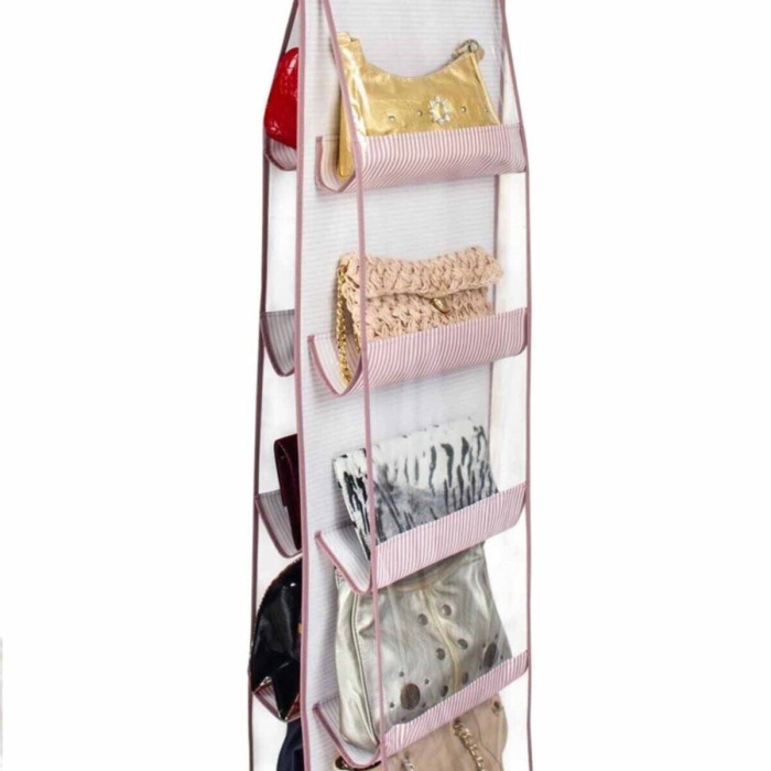 10 Bölmeli Dolap İçi Çanta Organizeri Pembe Çizgili