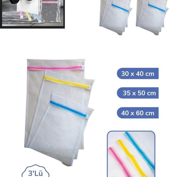 Biomak® 3&amp;#39;lü Çamaşır Yıkama Filesi Set Renkli Fermuarlı Pratik Çamaşır Yıkama Filesi Seti 3 Boy