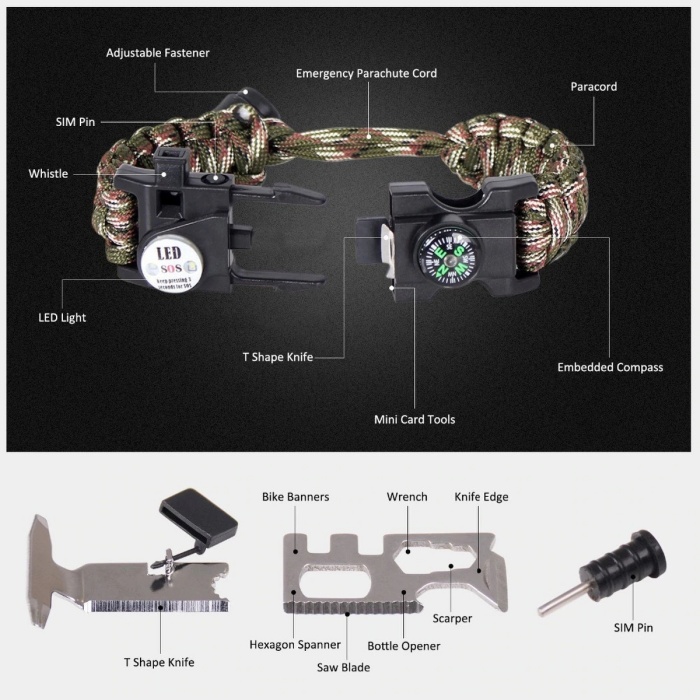Biyomak® Survival Hayatta Kalma Bilekliği Acil Durum Bileklik Kamp Outdoor