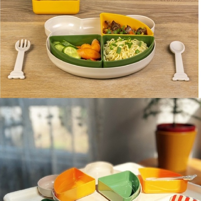 Biomak Tabldot Mama Tabağı Çıkarılabilir Kaseli -Tepsili 4 Bölmeli Çatal Kaşıklı Ayıcık Beslenme Kabı