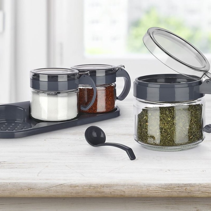 Baharat Seti 3 Adet Kaşıklı Standlı Cam Baharatlık