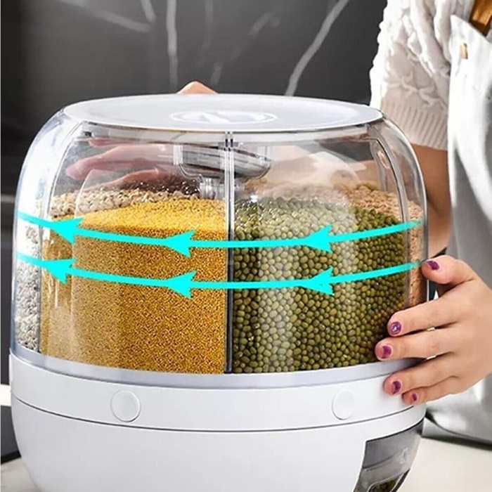 Biomak® 360° Dönebilen Kuru Gıda Ve Bakliyat Organizeri 6 Bölmeli Hava Geçirmez Saklama Kabı 6 lt