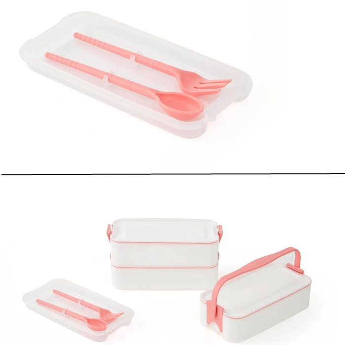 Biomak® 3 Katlı Kulplu Beslenme Kabı  Diyet Sefer Tası Saklama Kabı Çatal Kaşıklı