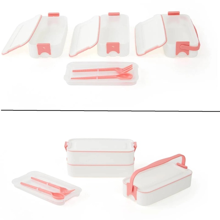 Biomak® 3 Katlı Kulplu Beslenme Kabı  Diyet Sefer Tası Saklama Kabı Çatal Kaşıklı
