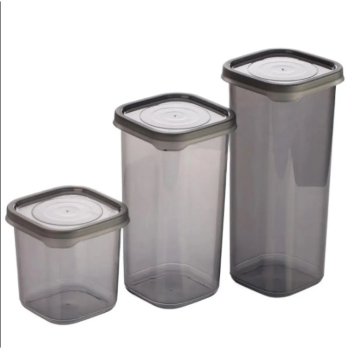 Biomak® 3 Adet 3 Boy Plastik Kavanoz Saklama Kabı Kapaklı Kare Model