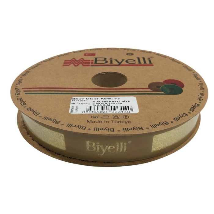 Biomak® Biye Simli Katlı Ka Altın 2 cm 25 Metre %50 Simli % 50 Polyester