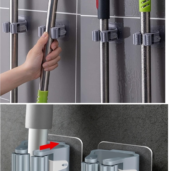 Biomak 4 Lü Kelebek Yapışkanlı Mop Fırça Çekpas Sap Tutucu Organizer Banyo Düzenleyici