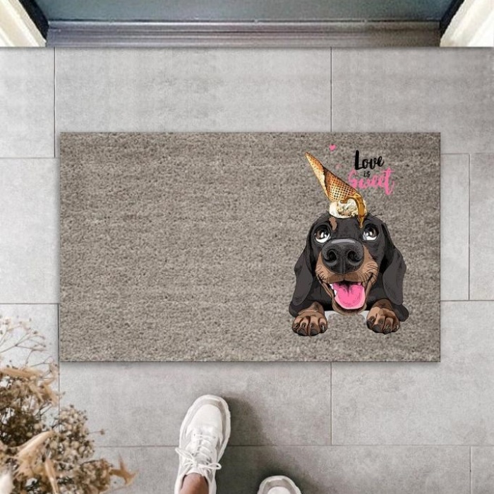 Biyomak® Dijital Baskı Gri Love Sweet Kafasında Külahlı Dondurmalı Köpek Dekoratif Kapı Paspası K-2055