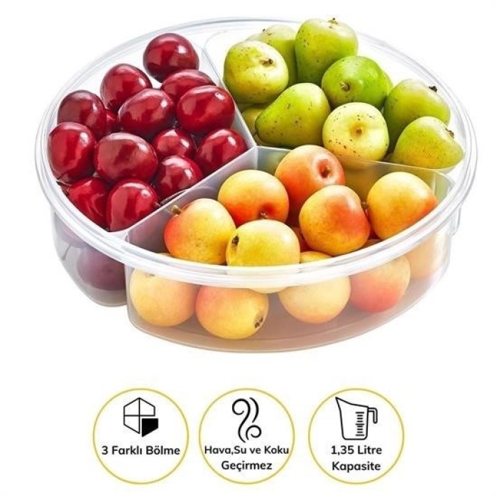 Biomak® 3 Bölmeli Sızdırmaz Contalı Kilitli Kapaklı 1,35 Litre yuvarlak Erzak Saklama Kabı LC-500