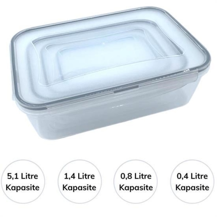 Biomak® 4lü İç İçe Sızdırmaz Contalı Kilitli Kapaklı Plastik Erzak Saklama Kapları LC315