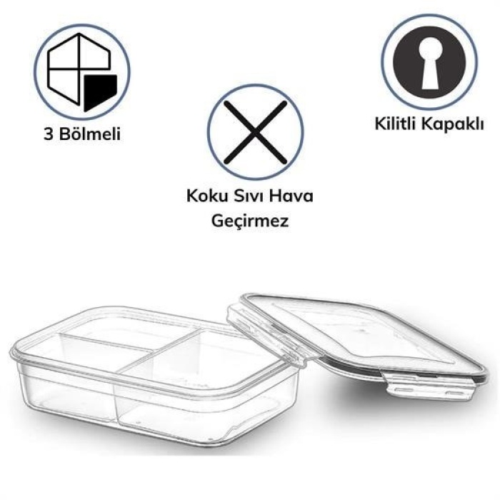 Biomak® 3 Bölmeli Kilitli Kapaklı 1 Litre Erzak Saklama Kabı LC-510