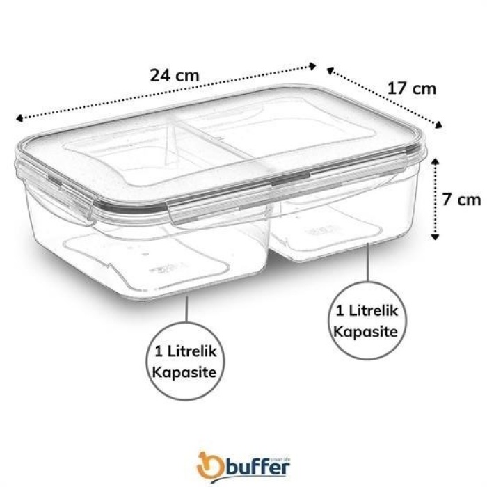 Biomak® 2 Bölmeli 1+1 Litre Kilitli Kapaklı Erzak Saklama Kabı LC-525