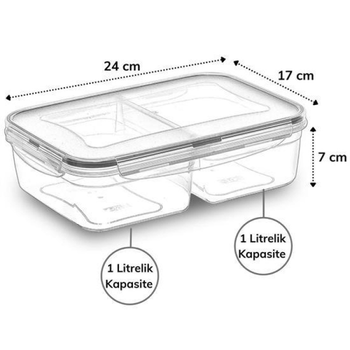 Biomak® 2 Bölmeli 1+1 Litre Kilitli Kapaklı Erzak Saklama Kabı LC-525