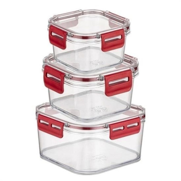 Biomak® 3lü Pratik Silikon Contalı Sızdırmaz Kapaklı Sağlam İstiflenebilir Saklama Kapları