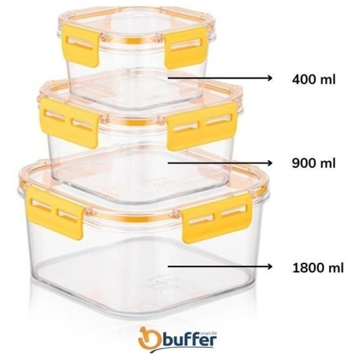 Biomak® 3lü Pratik Silikon Contalı Sızdırmaz Kapaklı Sağlam İstiflenebilir Saklama Kapları
