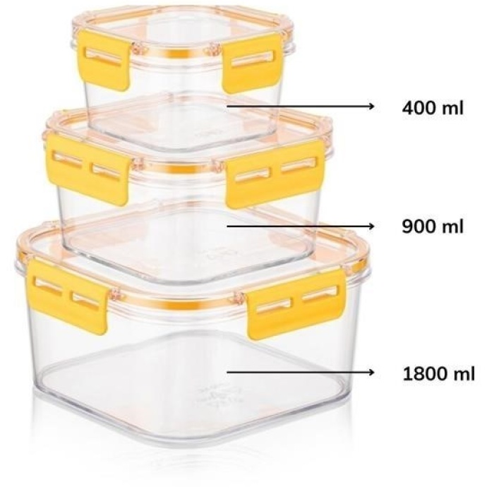 Biomak® 3lü Pratik Silikon Contalı Sızdırmaz Kapaklı Sağlam İstiflenebilir Saklama Kapları