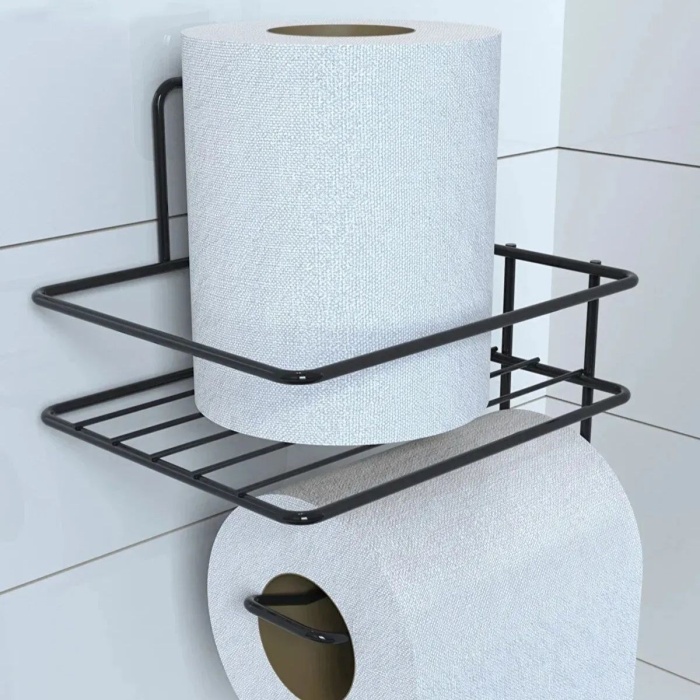 Biomak® Kendiliğinden Yapışkanlı Tuvalet Kağıdı Tutacağı ve Yedek Raf - Siyah Modern Metal Tasarım