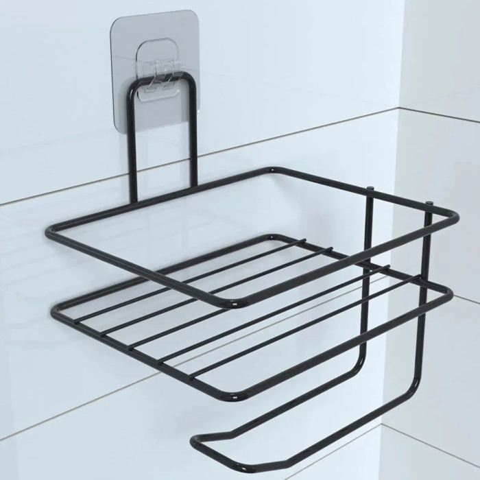 Biomak® Kendiliğinden Yapışkanlı Tuvalet Kağıdı Tutacağı ve Yedek Raf - Siyah Modern Metal Tasarım