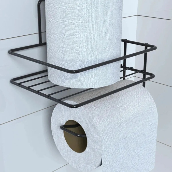 Biomak® Kendiliğinden Yapışkanlı Tuvalet Kağıdı Tutacağı ve Yedek Raf - Siyah Modern Metal Tasarım