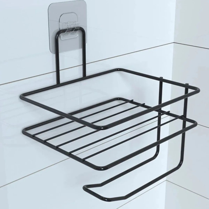 Biomak® Kendiliğinden Yapışkanlı Tuvalet Kağıdı Tutacağı ve Yedek Raf - Siyah Modern Metal Tasarım