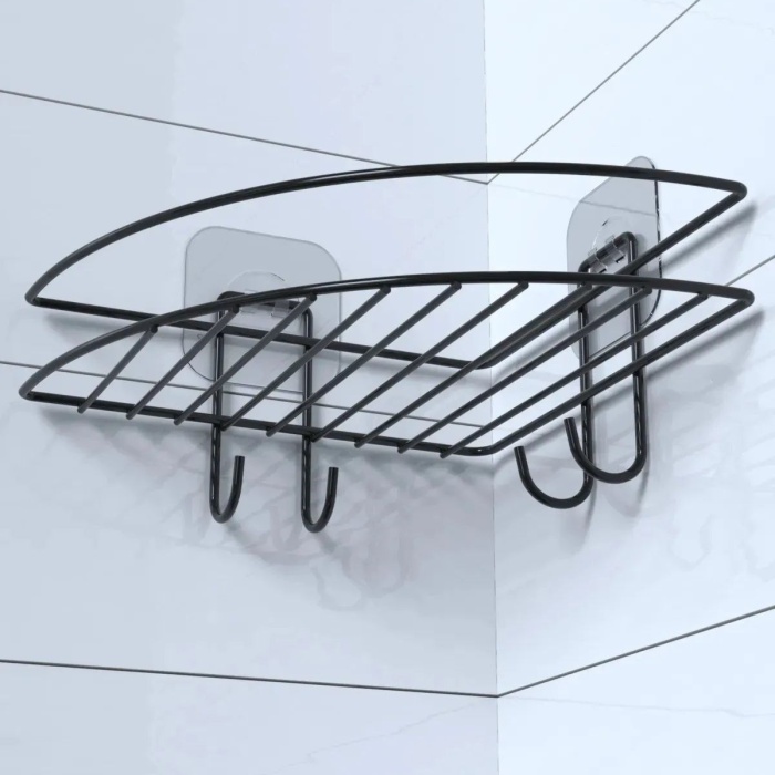 Biomak® Yapışkanlı Banyo Köşeliği Kancalı Köşe Rafı Duş Şampuanlık Duvar Düzenleyici Organizer Raf
