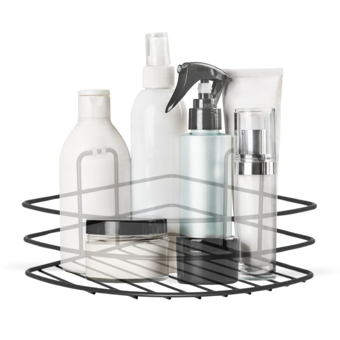 Biomak® Kendiliğinden Yapışkanlı Montaj Gerektirmeyen Tek Katlı Banyo Askı Köşe Şampuanlık Siyah