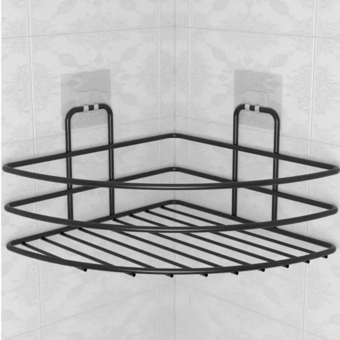 Biomak® Kendiliğinden Yapışkanlı Montaj Gerektirmeyen Tek Katlı Banyo Askı Köşe Şampuanlık Siyah
