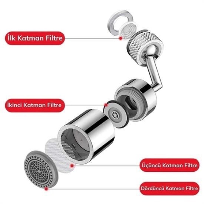 Biomak®  720 Derece Dönebilen 4 Filtreli Tüm Musluk Tipleri İle Uyumlu Montaj Aparatlı Musluk Başlık
