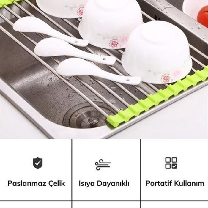 Biyomak® Evye Üstü Katlanır Nihale Paslanmaz Çelik Pratik Sebze Meyve Bulaşık Kurutma Süzgeci