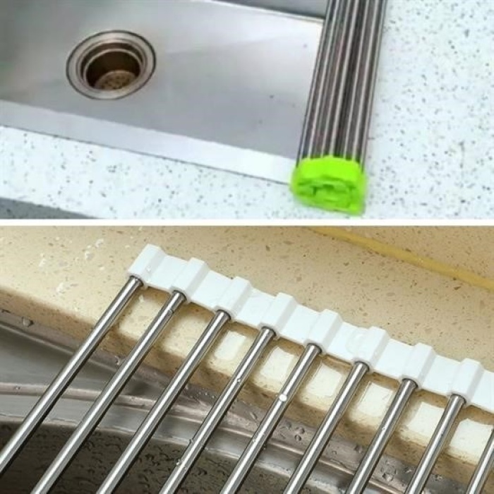 Biyomak® Evye Üstü Katlanır Nihale Paslanmaz Çelik Pratik Sebze Meyve Bulaşık Kurutma Süzgeci
