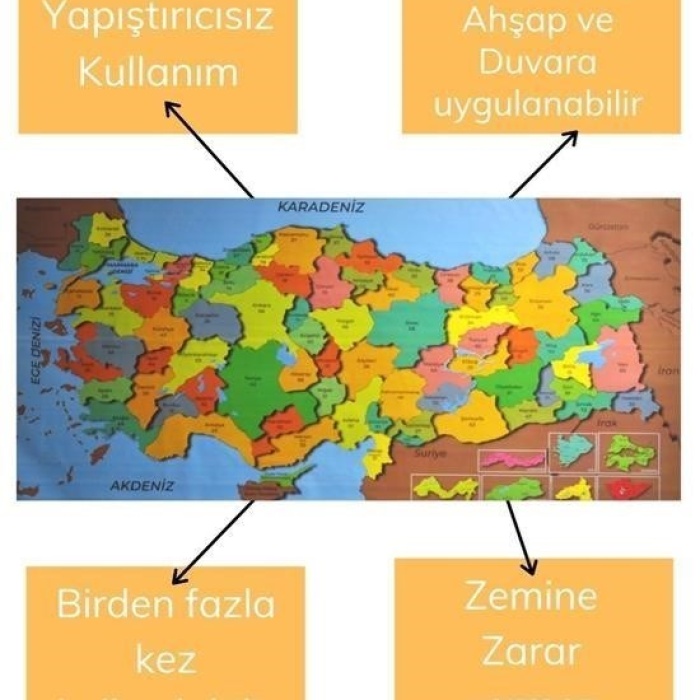 Biomak® Renkli Türkiye Haritası Manyetik Yapıştırıcı Gerektirmeyen Duvar Stickerı 118 CM * 56 CM