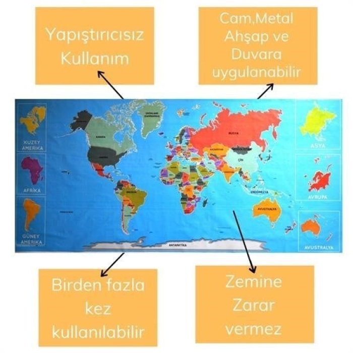 Biomak® RenkliAtlas DünyaHaritası Manyetik Yapıştırıcı Gerektirmeyen Duvar Stickerı 118 CM * 56 CM
