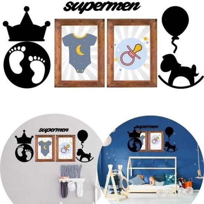 Biomak® DECO103 Supermen Dekoratif Duvar Süsü Tablo Aksesuar Ahşap Tasarım Hediye Pano Sticker Seti