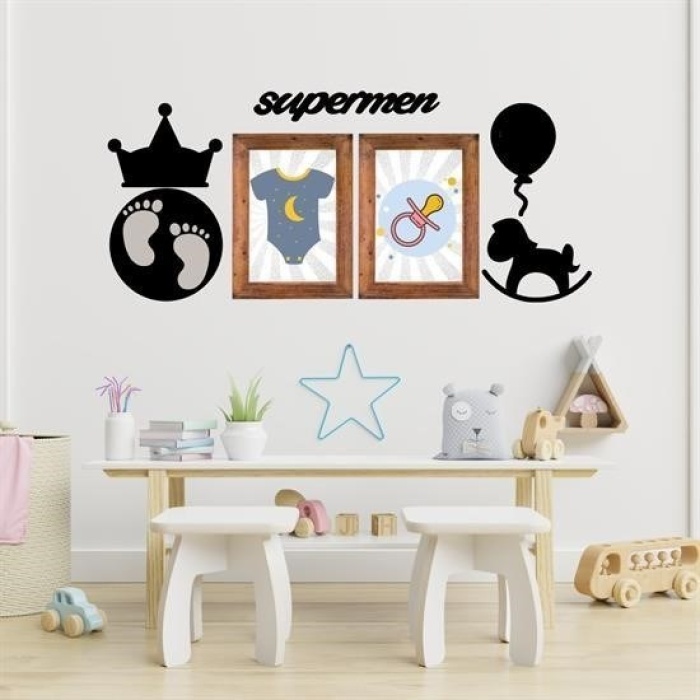 Biomak® DECO103 Supermen Dekoratif Duvar Süsü Tablo Aksesuar Ahşap Tasarım Hediye Pano Sticker Seti