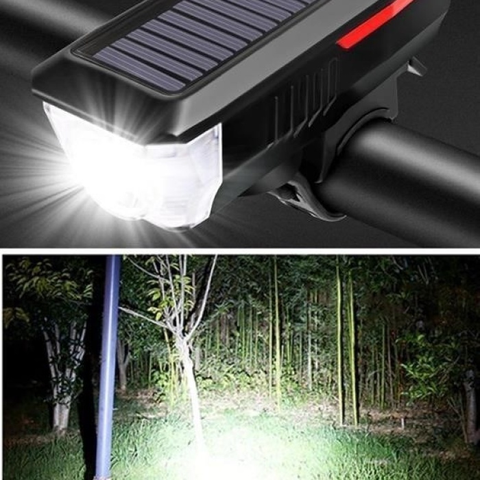Biyomak® Solar Enerjili USB ile Şarj Edilebilir Ledli Bisiklet Feneri Kornalı ve Su Geçirmez Far