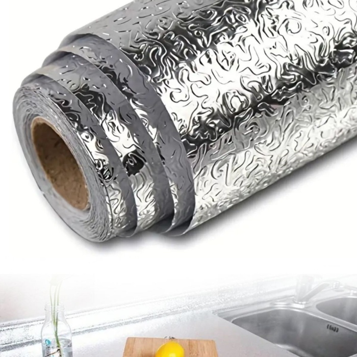 Biyomak® Rulo Gümüş Alüminyum Folyo Duvar Kağıdı, Kendinden Yapışkanlı Raf İçi, Su Geçirmez Folyo 2 mt x 60 cm