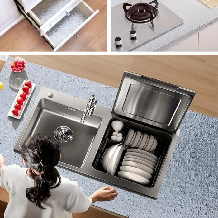 Biyomak® Rulo Gümüş Alüminyum Folyo Duvar Kağıdı, Kendinden Yapışkanlı Raf İçi, Su Geçirmez Folyo 2 mt x 60 cm