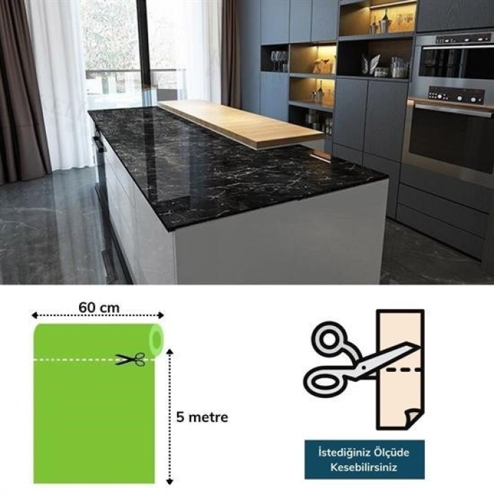 Biyomak® Mermer Desenli Masa Tezgah Mutfak Su Geçirmez Yapışkanlı Folyo Sticker Siyah 5x0,6m