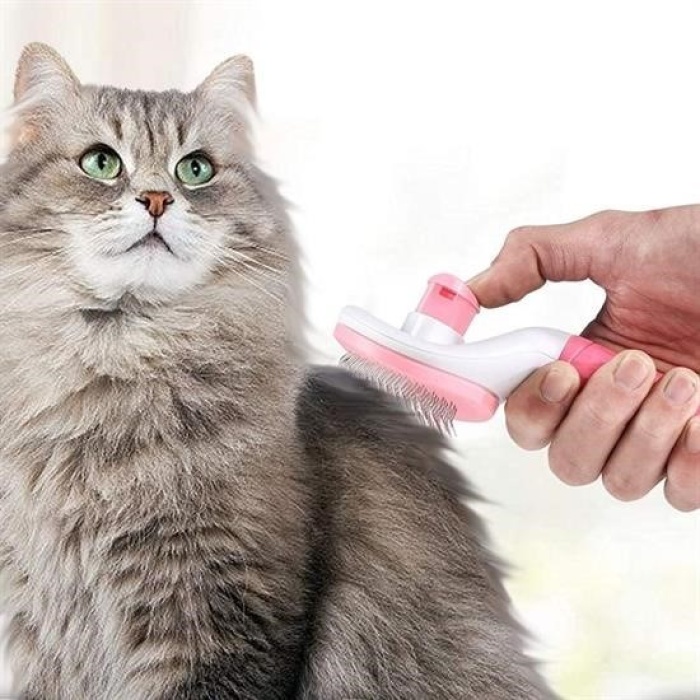 Biomak® Kedi Köpek Tüy Toplayıcı Kendini Temizleyebilen Ergonomik Saplı Evcil Hayvan Tarağı Pembe