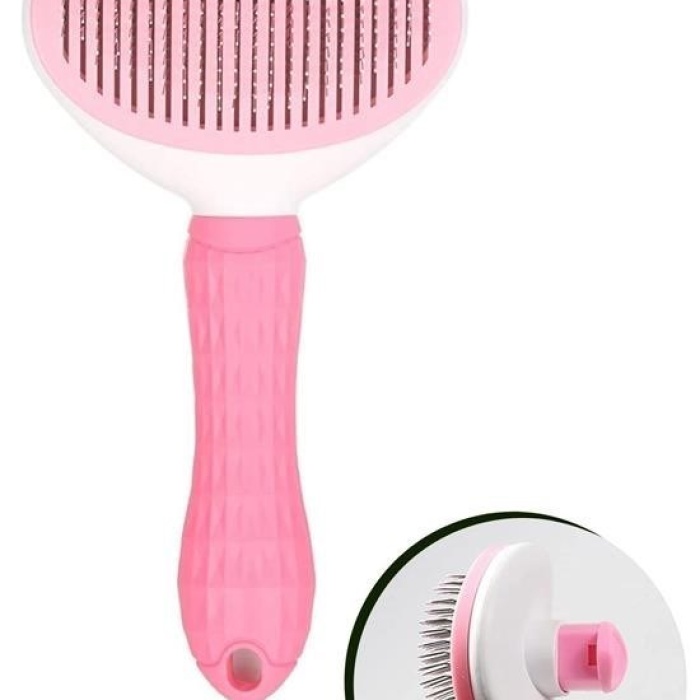 Biomak® Kedi Köpek Tüy Toplayıcı Kendini Temizleyebilen Ergonomik Saplı Evcil Hayvan Tarağı Pembe