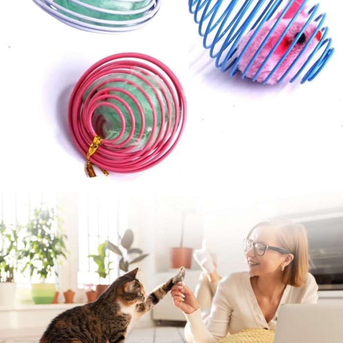 Biomak® Yaylı Metal Fareli Kafes Kedi Oyun Topu Sıçrayan Spiral Kedi Topu