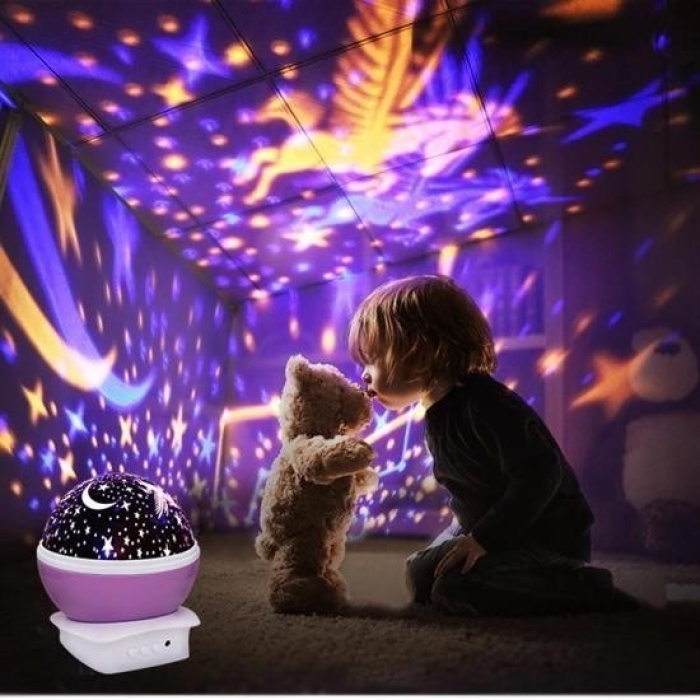 Biomak®  Renkli Ay Yıldız Tavan Yansıtma Pilli Led Gece Lambası Gökyüzü Projeksiyonlu Dönen Küre