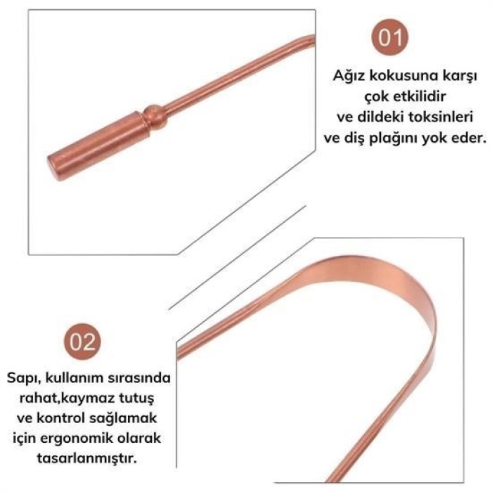 Biomak® Bakır Oil Pulling Yağ Çekme Dil Plak Temizleme Aleti Dil Fırçası Sıyırıcı Dil Kaşığı