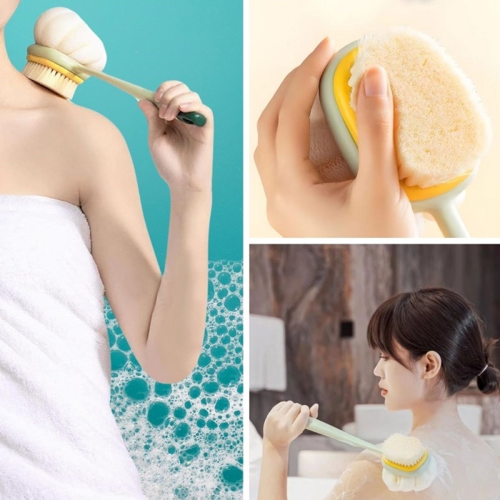 Biomak®  2si 1 Arada Çift Taraflı Uzun Saplı Fırçalı Banyo Vücut Sırt Fırçası Banyo Lifi