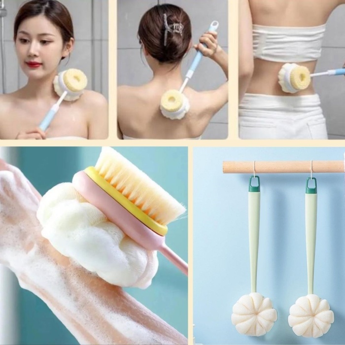 Biomak®  2si 1 Arada Çift Taraflı Uzun Saplı Fırçalı Banyo Vücut Sırt Fırçası Banyo Lifi