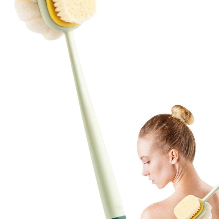 Biomak®  2si 1 Arada Çift Taraflı Uzun Saplı Fırçalı Banyo Vücut Sırt Fırçası Banyo Lifi