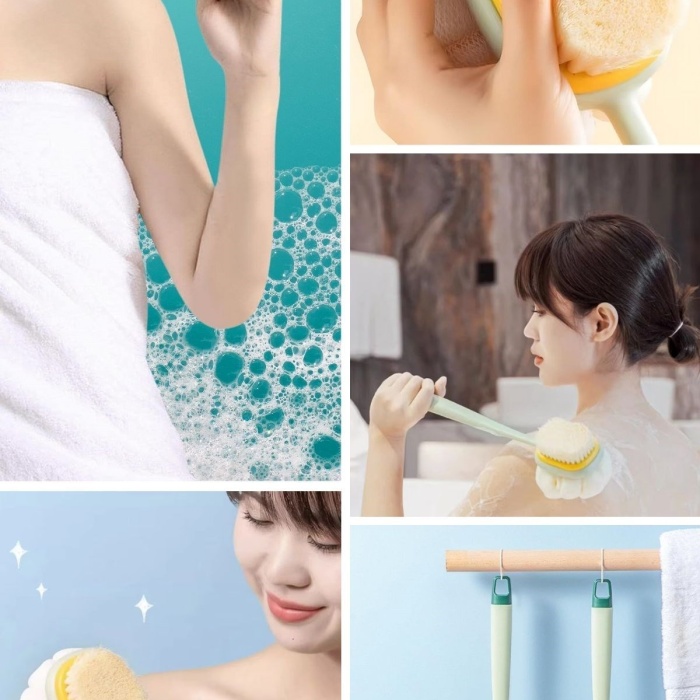 Biomak®  2si 1 Arada Çift Taraflı Uzun Saplı Fırçalı Banyo Vücut Sırt Fırçası Banyo Lifi
