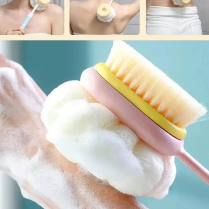 Biomak®  2si 1 Arada Çift Taraflı Uzun Saplı Fırçalı Banyo Vücut Sırt Fırçası Banyo Lifi